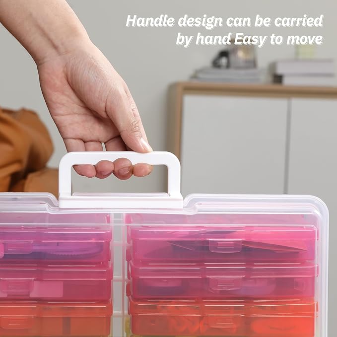 Party Club of America PCA Photo Storage Box 4" x 6" Cases With Handle - 16 Inner Keeper, Large Organizer, Plastic Craft Case for Stickers, Stamps, Jigsaw, Vegetable Seeds
