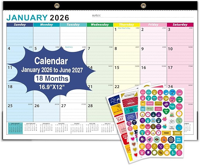 Desk Calendar 2026, With 3 sticker, 18 Month Wall Calendar Running to June 2027-17" x 12" Desktop/Wall Monthly Calendar for Homes, School & Office