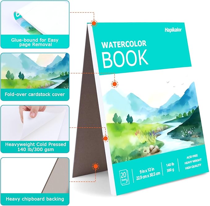 Watercolor Paper Pad, 9"x12" Water Color Paper, 140lb/300gsm Artist Painting Drawing Paper Book, Art Supplies for Adults Kids, Watercolors, Watercolor Paint Set, Sketchbook, Journal, Green