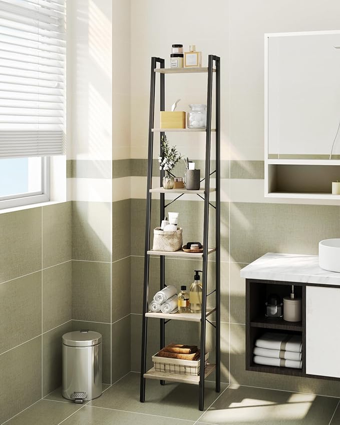 Hzuaneri Ladder Shelf, Bookshelf Bookcase, Freestanding Corner Storage Shelve with 2 Hooks for Home Office, Living Room, Kitchen, Bedroom, Industrial, 11.8" D x 13.4" W x 72.8" H, Greige BC13305B