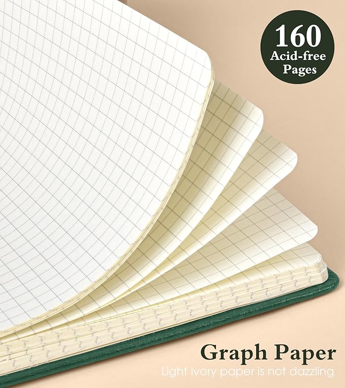 PAIBAS Graph Notebook for Women Men, 160 Pages Grid Paper, Graphing Notebooks for School, Work, Quad Ruled, Inner Pocket, A5 Hardcover Vintage Leather Journals for Writing, 5.8"x8.5" (Green)