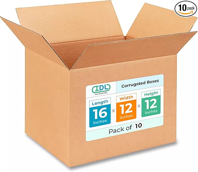 Medium Shipping & Moving Boxes 16x12x12 inches (10-Pack) - Extra Strength 200 lb vs Regular - Corrugated Boxes for Packaging Moving and Delivering - Square Box by IDL Packaging