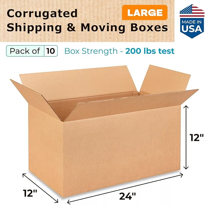 Large Shipping & Moving Boxes 24x12x12 inches (10-Pack) - Extra Strength 200 lb vs Regular - Corrugated Cardboard Boxes Moving - Large Shipping Box for UPS, FEDEX - Packing Box by IDL Packaging