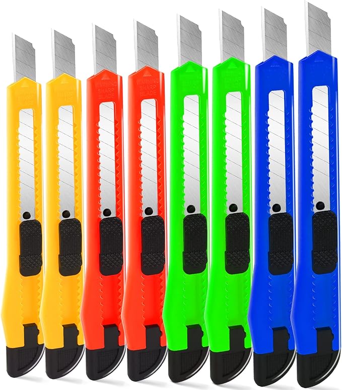 TIFICAL 8 Pack Box Cutter Utility Knife, 9mm Snap-off Box Cutter Retractable for Opening Packages Cartons, Boxes, Disposable Box Cutters Exacto Knife Perfect for Office and Home use