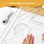 Geometry Set - 7Pcs Geometry Kit with Clear Plastic Ruler 12Inch & 6Inch, Triangle Ruler, Protractor and Compass Set for School Office Math Drawing Drafting Engineering Architecture Art