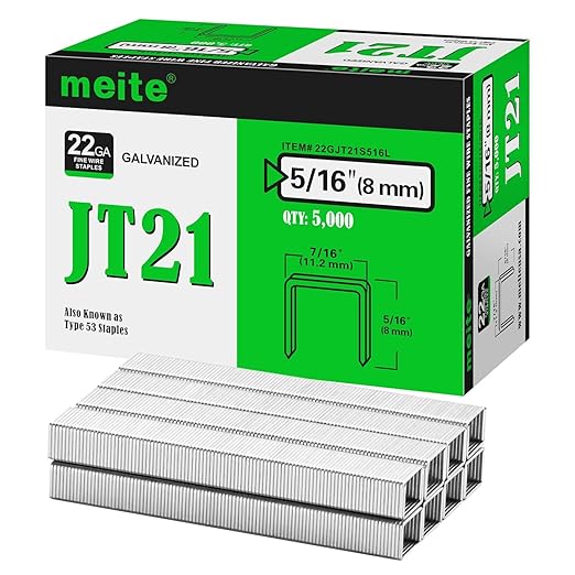 meite JT21 Staples, 5/16 Inch Galvanized Fine Wire Staples for Staple Gun - 7/16" Crown JT21 Staple Refill, Ideal for Upholstery, Crafts, Furniture (1 Case)