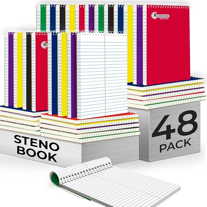 Rosmonde 48 Pack Bulk Spiral Steno Book, 6" x 9" Gregg Ruled Steno Notebook, Assorted Covers, 80 Sheets (160 Pages) Bulk Steno Notebooks for Writing Notes in Office, School, College, Spiral Note Pads