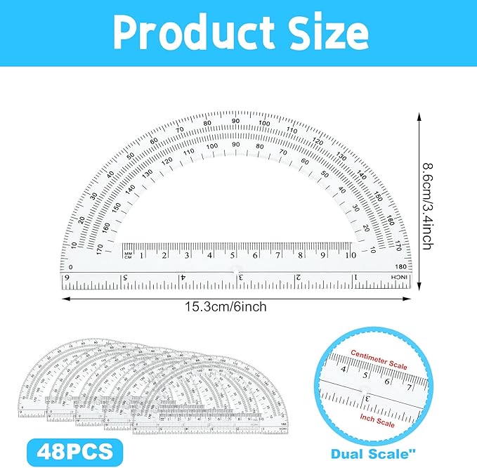 CertBuy 48 Pack Clear Protractor 6 Inch, Plastic Protractor Math Protractors 180 Degrees for Angle Measurement, Protractor for Geometry,Student Math Protractor Ruler for Drawing Geometry Classroom
