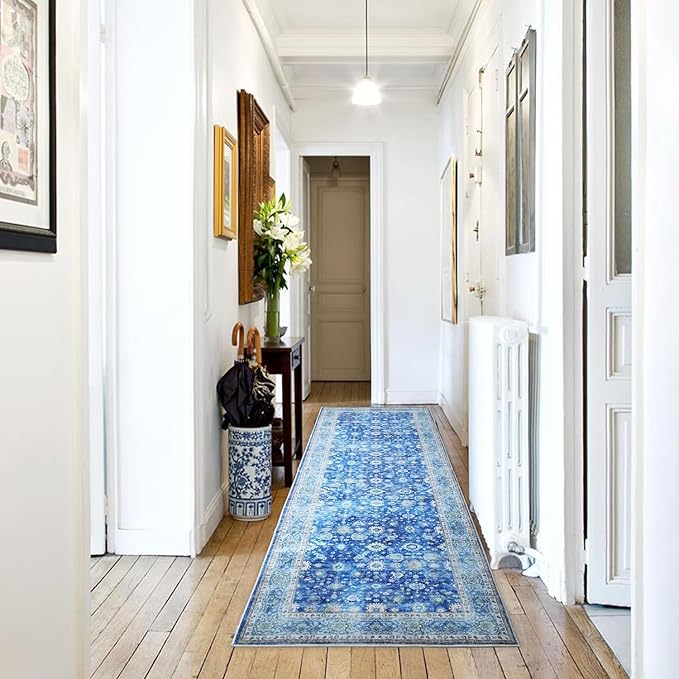 Rugcomf Runner Rug 2'6''x8' Hallway Washable Boho Soft Area Rug Non-Slip Faux Wool Vintage Rug for Kitchen, Entryway, Laundry, Bedroom, Indoor (Blue)