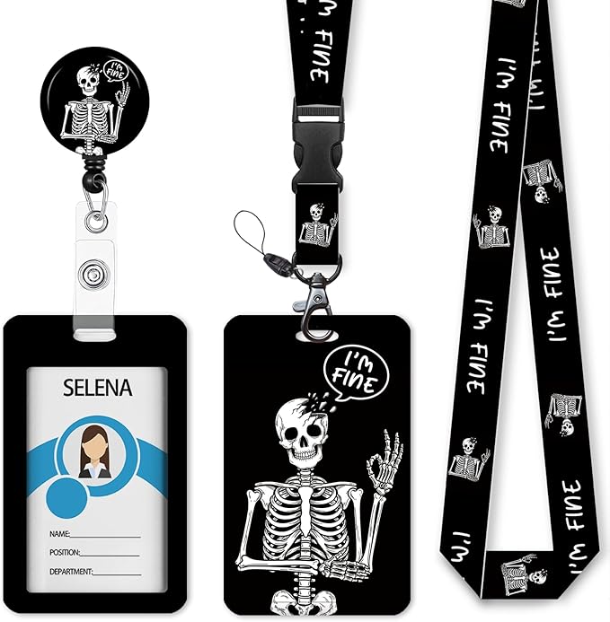 Skull Skeleton Badge Holder Retractable Lanyard, Lanyards for ID Badges Name Tags Vertical Card Holder, Detachable Lanyard Badge Reel Retractable, Teacher Nurse Workers Women Office Gifts I'm Fine