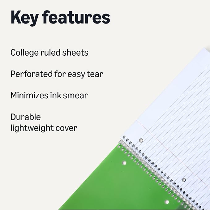 Amazon Basics Notebooks, College-Ruled Spiral Notebook with Poly Cover, For Work and School, 100 Sheets, 11" x 9", Green, 1-Pack