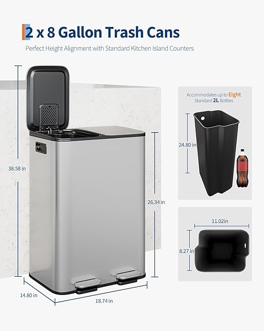 Garvee Trash Can, 2 x 8 gal (2 x 30 L) Garbage Can for Kitchen Dual Compartment Recycling Kitchen Step Trash Bin, Stainless Steel Trash and Recycle Bin Combo with Soft-Close Lid,Silver