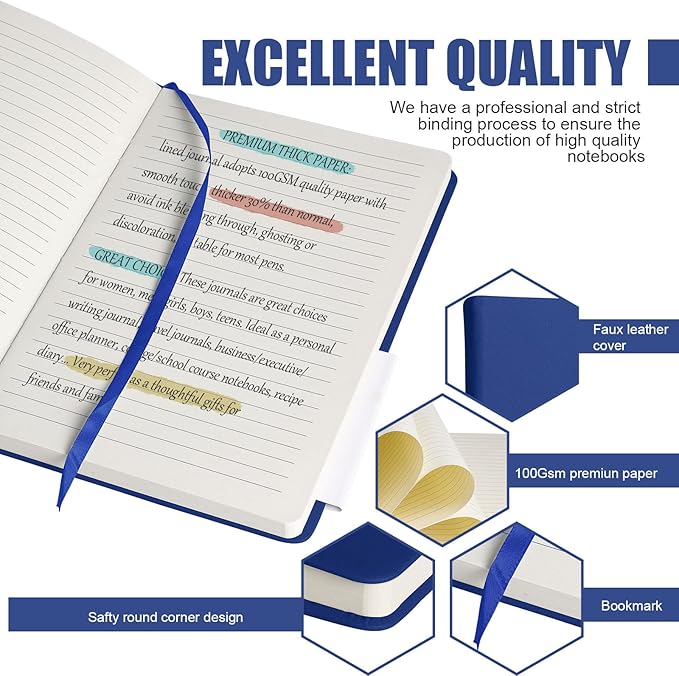 EMOMAS Lined Journal Notebook, 6Pack Hardcover Notebook for Men & Women – Journals for Writing, Work, School, Home & Daily Notes, 160 Pages – Medium A5, 5.7"x8", 100 gsm Thick Paper (Blue)