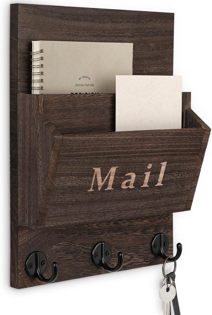Lucundm Mail and Key Holder - Decorative 9.8" x 12.5" Wall Key Hanger with 2 Mail Organizer Slots and 3 Hooks - Real Paulownia Wood with Keyhole Brackets, Hardware and Instructions (Brown)