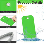 100 Green Tags with Wires - Waterproof, Writable, Neon - 4 3/4" x 2 3/8" Heavy Duty Shipping Tags for Luggage, Parts, Machines
