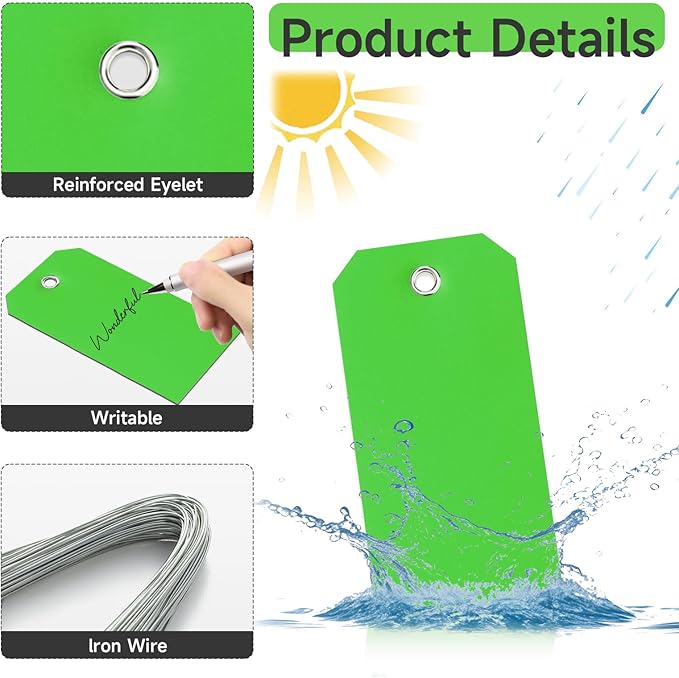 100 Green Tags with Wires - Waterproof, Writable, Neon - 4 3/4" x 2 3/8" Heavy Duty Shipping Tags for Luggage, Parts, Machines