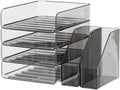 Clear Paper Organizer with Movable Bookends, Brown Acrylic Stackable Paper Tray for Desk, 4-Tier Letter Tray Organizer Office Supplies