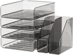 Clear Paper Organizer with Movable Bookends, Brown Acrylic Stackable Paper Tray for Desk, 4-Tier Letter Tray Organizer Office Supplies