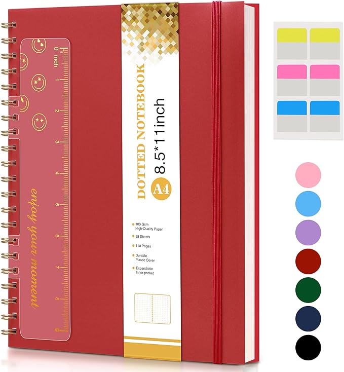 UEBZFOCS Dotted Notebook, Spiral Notebook Journal 8.5” x 11”, A4 Large Dot Grid Notebooks for Women Men, 100 GSM Dotted Paper, Plastic Hardcover Spiral Bullet Journals for Work School Sketching, Red