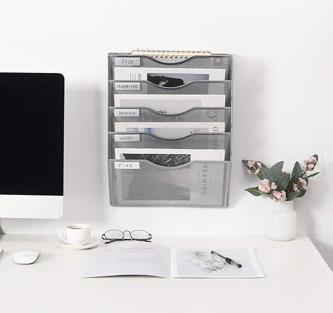 EasyPAG Hanging Wall File Organizer, 5 Pocket Wall Mounted Mail Organizer, Vertical Document Folder Holder with Nametag Label, Space Saving Paper Storage Magazine Rack for Office Home School, Silver
