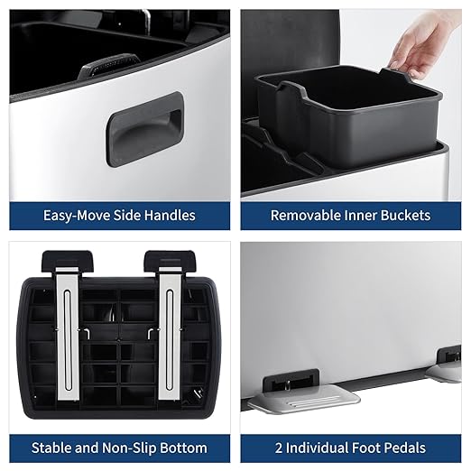 GarveeHome Commercial Dual Trash Can, 16 Gallon Stainless Steel Double Compartment Recycling Bin with Soft-Close Lids, Pedals & Plastic Inner Buckets, 60L Garbage Can for Kitchen, Home, Office, Silver