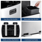 GarveeHome Commercial Dual Trash Can, 16 Gallon Stainless Steel Double Compartment Recycling Bin with Soft-Close Lids, Pedals & Plastic Inner Buckets, 60L Garbage Can for Kitchen, Home, Office, Silver