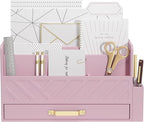 WISUCART Bamboo Desk Organizer Mail Holder Countertop Wood Desk Drawer Tabletop Storage Box Pen Holder Letter Sorter Makeup Organizer for School Home Office Supplies with Pen Holder Pink