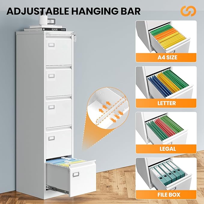 AFAIF 5 Drawer File Cabinet with Lock, Metal Filing Cabinets for Home Office, Vertical White Locking File Caninet, Steel Narrow Five Drawer File Cabnet for Letter/Legal / A4 / B4- Assembly Required