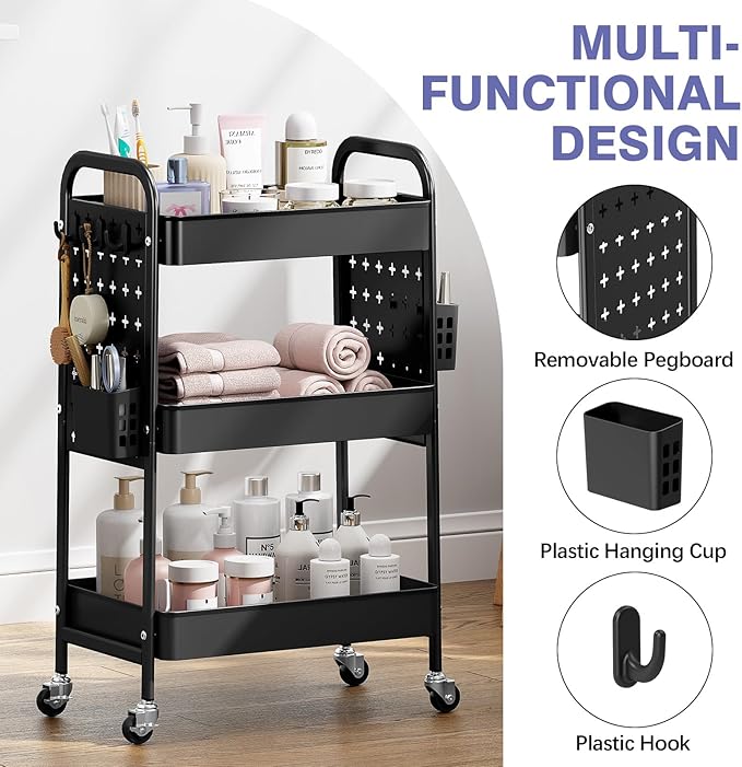 KINGRACK 3 Tier Rolling Cart with DIY Hanging Board, Metal Rolling Utility Cart with Wheels Handles Baskets Hooks, Rolling Storage Cart Suitable for Bathroom, Kitchen, Office, Nursery Diaper (Black)