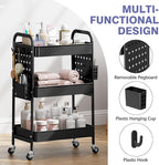 KINGRACK 3 Tier Rolling Cart with DIY Hanging Board, Metal Rolling Utility Cart with Wheels Handles Baskets Hooks, Rolling Storage Cart Suitable for Bathroom, Kitchen, Office, Nursery Diaper (Black)