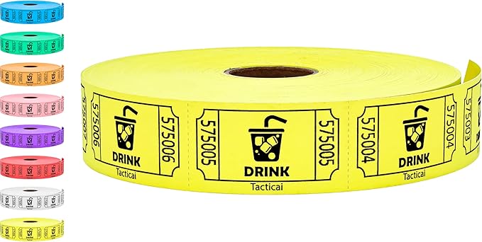 Tacticai 1000 Raffle Tickets, Drink, Yellow (1 of 8 Colors), Single Roll for Events, Entry, Class Reward, Fundraiser & Prizes