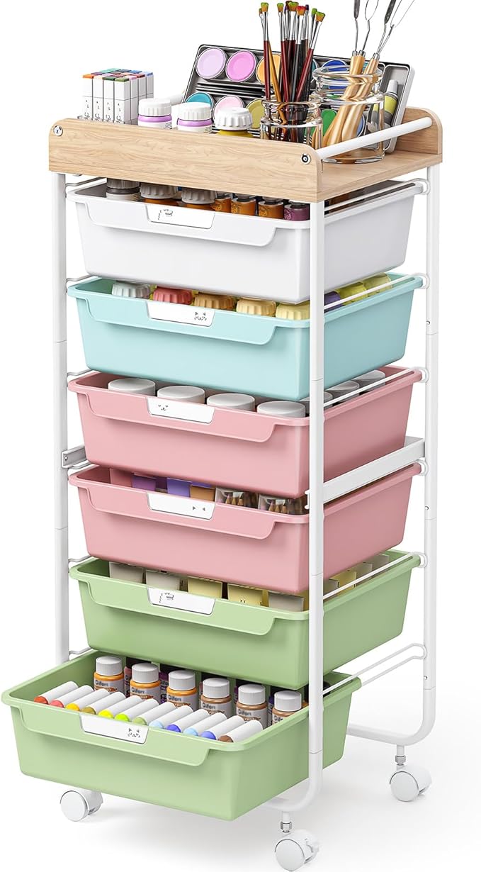 Rolling Storage Utility Cart With 6 Drawers,Art Supply Craft Organizer,Sewing Makeup Organizer And Storage,Office Organization Wooden Tabletop,Colorful