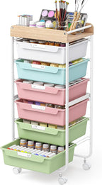 Rolling Storage Utility Cart With 6 Drawers,Art Supply Craft Organizer,Sewing Makeup Organizer And Storage,Office Organization Wooden Tabletop,Colorful
