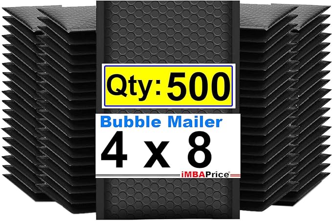 iMBAPrice 4x8 Inch Black Poly Bubble Mailers #000, 500-Pack Small Padded Shipping Envelopes, Self-Seal Polybubble Bags for Mailing, Packaging & E-Commerce