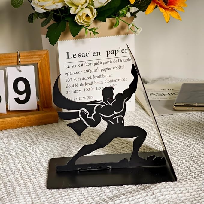 Superhero Metal Bookend – 6.5 Inch Heavy-Duty Book Holder with Anti-Slip Base, Unique Decorative Book Stand for Home or Office Shelf, Holds Large Books – Black