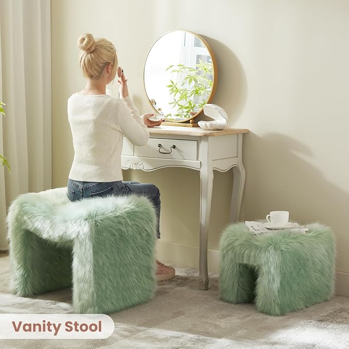 ZYKZYK Small Ottoman Set of 2 Vanity Stool Chair with Modern Ottoman Foot Rest M-Shaped Design for Bedroom Entryway Makeup Vanity Entryway (2-in-1) Green