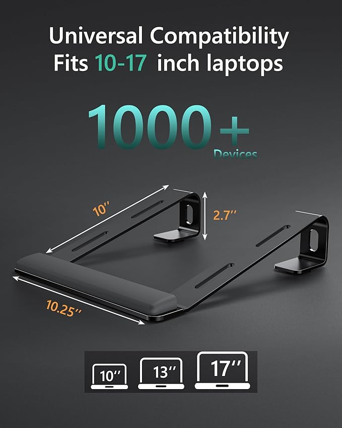 JCZT Aluminum Laptop Stand, Notebook Stand with Wrist Rest, Ergonomic Detachable Laptop Mount, Computer Stand Compatible with 10-17'' All Laptops Such as MacBook Air Pro/HP/Dell/Lenovo, Black