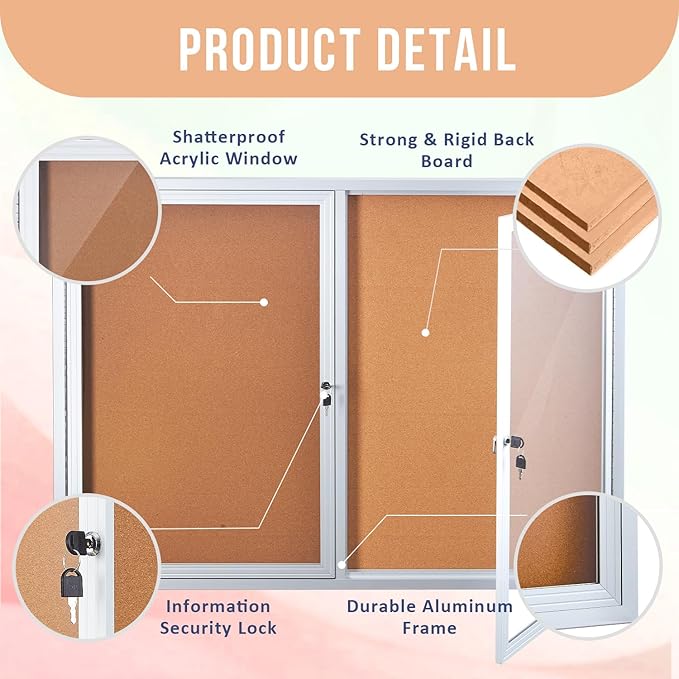 Homezelle Enclosed Cork Bulletin Board 48"x36" Outdoor Weatherproof Cork Noticeboard with Locking Door Wall-Mounted Silver Aluminium Frame for Home, School, Office, Community, Hospital