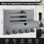 Lucundm Key Holder Wall Mount, Mail Holder with Storage Drawer and 5 Key Hooks for Coat, Dog Leash, Home Decor Rack, House Accessories, Entry Way Organizer (Gray)