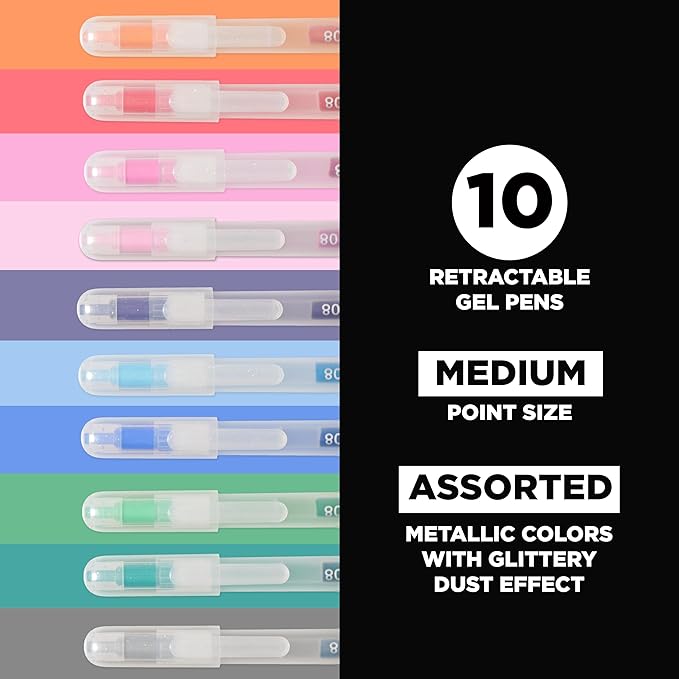 SAKURA Gelly Roll Retractable Gel Pens Colored - Stardust Glitter Gel & Medium Point - for Journaling, Art, or Drawing - with Assorted Colored Ink - 10 Pens