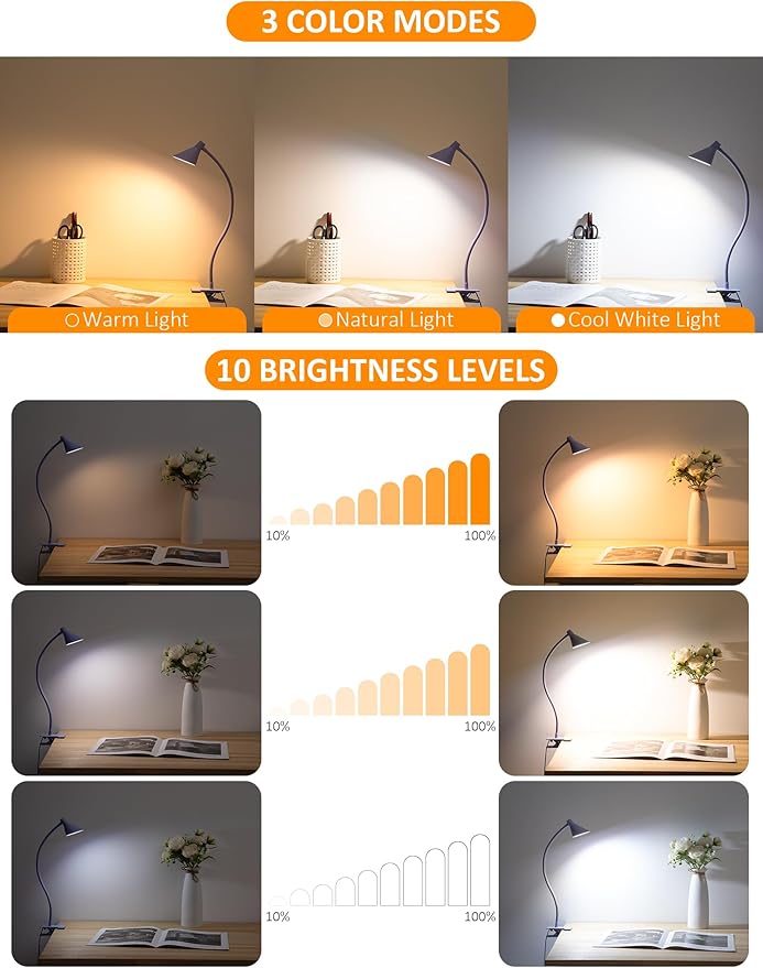 LiFMIRA Desk Lamp Clip on Lamp for Bed Headboard LED Reading Light for Bed, 3 Colors 10 Dimmable Brightness, Book Light for Reading in Bed Flexible Neck Clip on Light Clamp Lamp for Bed Desk(Purple)