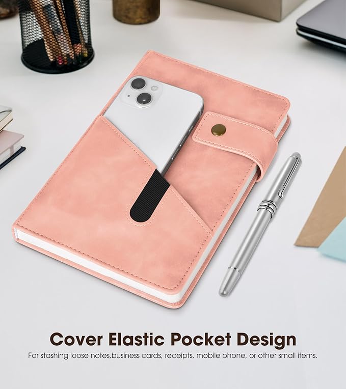 vfaejll Pink A5 Lined Leather Journal Notebook for Men Women,5.9" X 8.4" Personalized Hardcover Journal with Pen,200 Pages 100 Gsm Thick Ruled Paper Daily Diary for Travel,Business,Work,Writing