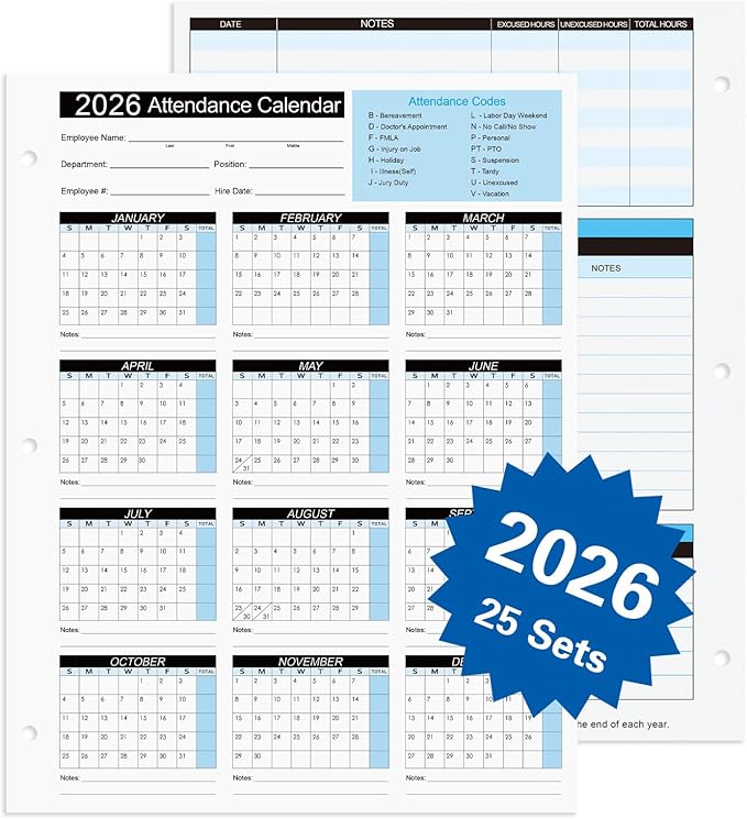 2026 Attendance Calendar Work Tracker Attendance Calendar Cards - 8.5 X 11 Cardstock/Pack of 25 Sheets