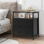 Edbuosy 3 Wooden Drawers Nightstand, 27 Inch Wide Night Stand Set 2 with Charging Station and Adjustable Drawers, Small Dresser for Closet, Bedside Table for Living Room/Bedroom/Office, Black.