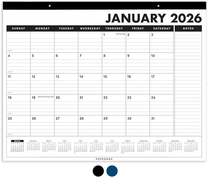 PAPERAGE 2026 Calendar, 12 Months (January 2026 - December 2026), Large (17 in x 22 in), Minimalist Wall and Desk Calendar with Monthly Views, Yearly Plans & Notes Section – Black