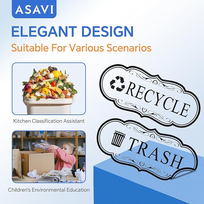 ASAVI Trash & Recycle Stickers – 2-Pack Self-Adhesive Vinyl Labels, Waterproof & Durable (Transparent Background with Black Text, Medium 6.3 x 2.7 inches)