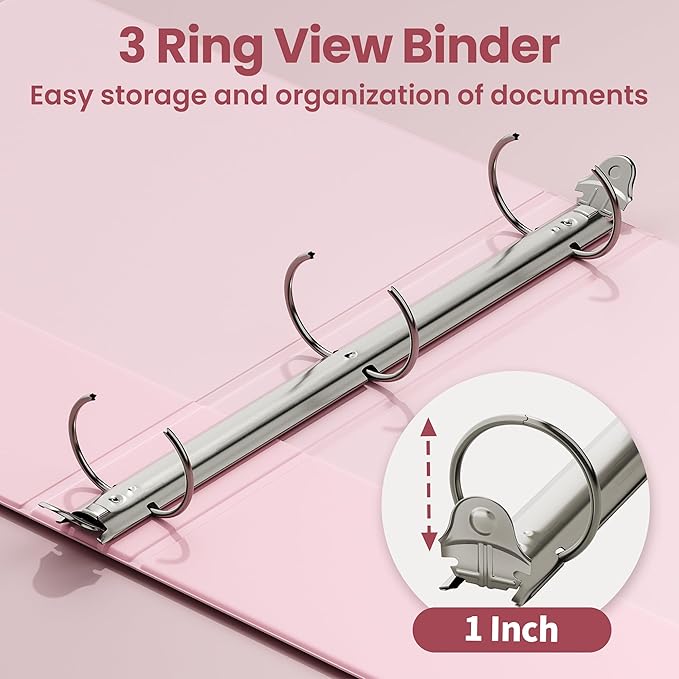 SUNEE Binder 3 Ring 1 Inch 1 Pack, Clear View 1" Binder Three Ring PVC-Free (Fit 8.5x11 Inches) for School or Office Supplies, Pink