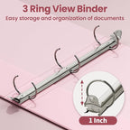 SUNEE Binder 3 Ring 1 Inch 1 Pack, Clear View 1" Binder Three Ring PVC-Free (Fit 8.5x11 Inches) for School or Office Supplies, Pink