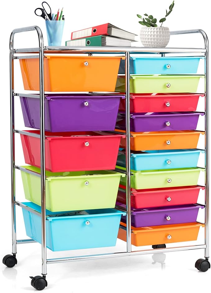 COSTWAY 15 Drawer Rolling Storage Cart, Multipurpose Mobile Storage Organizer w/Removable Drawers & Metal Frame, Utility Tools Paper Organizer on Wheels for Home, Office (Multi-color)