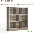 LEYAOYAO 8 Cube Bookshelf with Base,3 Tier Mid-Century Modern Grey Bookcase,Standing Wide Bookshelves Storage Organizer Shelf,Rustic Wood Display Cabinet Book Shelves for Bedroom,Living Room,Office